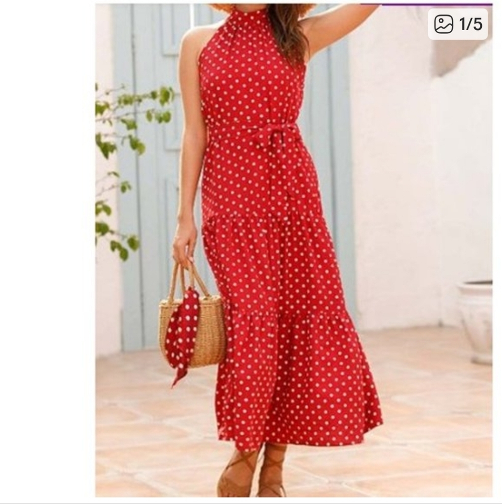 NWT Pretty Garde Sleeveless Red Polka Dot Halter Maxi Dress